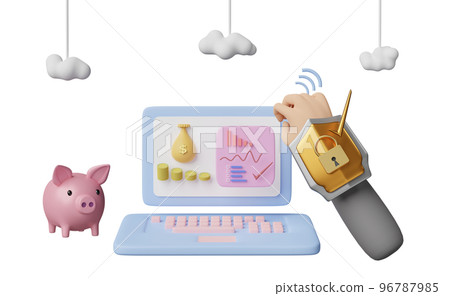 laptop computer with charts, graph, shield, businessman hand, cloud, money, piggy bank isolated. Internet security or privacy protection, ransomware protect concept, 3d illustration, 3d render 96787985
