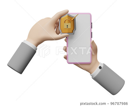 businessman hand hold mobile phone or smartphone with golden shield check isolated. Internet security or privacy protection, ransomware protect concept, 3d illustration or 3d render 96787986