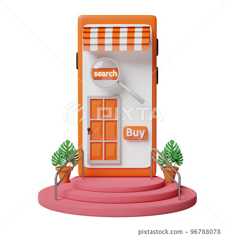3d stage podium and mobile phone or smartphone with store front, magnifying glass, tree, buy label tag isolated. online shopping or search data concept, 3d render illustration 96788078
