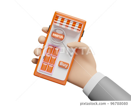 businessman hands holding orange mobile phone, smartphone with magnifying isolated. online shopping, search data concept, 3d illustration or 3d render businessman hands holding orange mobile phone, smartphone with magnifying isolated. online shopping, search data concept, 3d illustration or 3d render 96788080