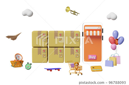 orange mobile phone, smartphone with store front, cart, paper bags, goods cardboard box, credit card, megaphone isolated. online shopping, search data concept, 3d illustration, 3d render orange mobile phone, smartphone with store front, cart, paper bags, goods cardboard box, credit card, megaphone isolated. online shopping, search data concept, 3d illustration, 3d render 96788093