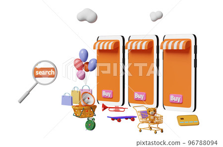 orange mobile phone, smartphone with store front, label tag, magnifying, cart, paper bags, skateboard, credit card isolated. online shopping, search data concept, 3d illustration, 3d render orange mobile phone, smartphone with store front, label tag, magnifying, cart, paper bags, skateboard, credit card isolated. online shopping, search data concept, 3d illustration, 3d render 96788094