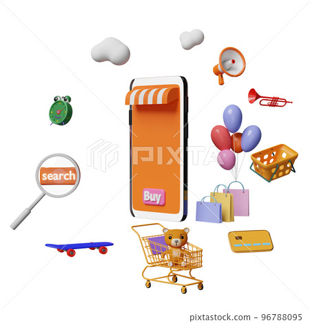 orange mobile phone, smartphone with store front, search label tag, magnifying, cart, paper bags, credit card isolated. online shopping, search data concept, 3d illustration, 3d render 96788095