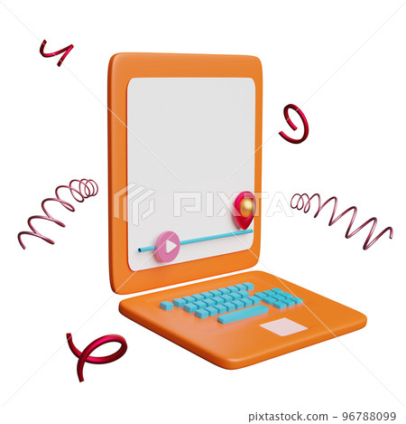 orange laptop computer with play bar, pin isolated. Online innovative education, e-learning concept, 3d illustration or 3d render orange laptop computer with play bar, pin isolated. Online innovative education, e-learning concept, 3d illustration or 3d render 96788099