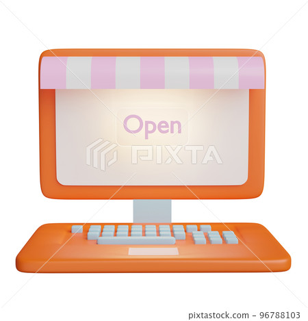 orange laptop computer monitor with store front, open label tag isolated. online shopping concept, 3d illustration or 3d render orange laptop computer monitor with store front, open label tag isolated. online shopping concept, 3d illustration or 3d render 96788103