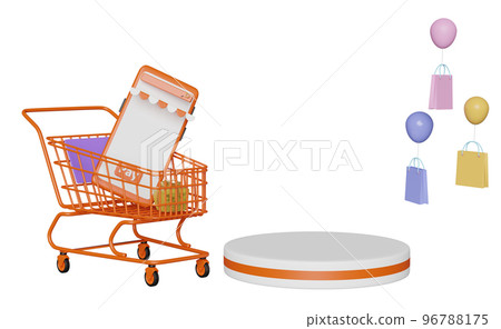 3d stage podium empty space and orange mobile phone, smartphone with store front, shopping cart, paper bag isolated. online shopping, search data concept, 3d render illustration 96788175