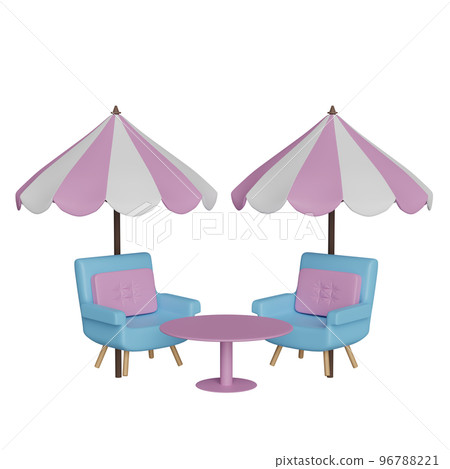 coffee table with pink umbrella or parasol, sofa chair isolated. 3d illustration or 3d render coffee table with pink umbrella or parasol, sofa chair isolated. 3d illustration or 3d render 96788221