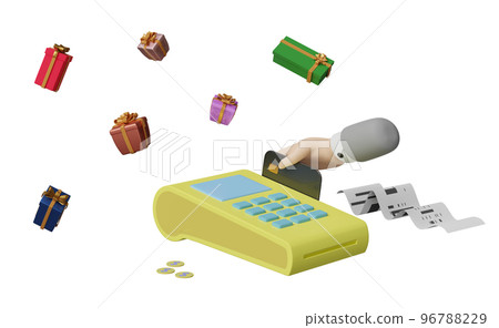 payment machine or pos terminal with businessman hand holding credit card, electronic bill payment, invoice or paper check receipt, gift box isolated. 3d illustration or 3d render payment machine or pos terminal with businessman hand holding credit card, electronic bill payment, invoice or paper check receipt, gift box isolated. 3d illustration or 3d render 96788229
