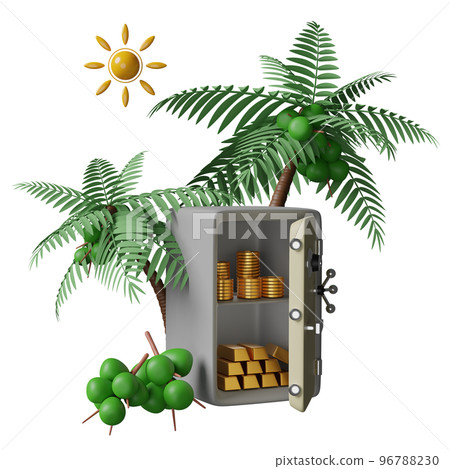 Abstract of safe box full of coins stack and gold bar with coconut tree or palm, business banking concept, 3d illustration or 3d rendering Abstract of safe box full of coins stack and gold bar with coconut tree or palm, business banking concept, 3d illustration or 3d rendering 96788230