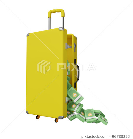 dollar banknote fall out from yellow suitcase isolated. leak money dollar concept, 3d illustration or 3d render dollar banknote fall out from yellow suitcase isolated. leak money dollar concept, 3d illustration or 3d render 96788233