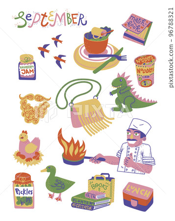 Autumn collection, fall-themed sticker set. September flat illustrations in vintage colors. Isolated on white background. 96788321