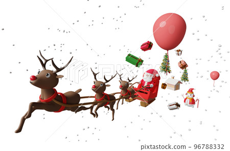 Santa Claus rides reindeer sleigh with house, gift box, snow, christmas tree isolated. website or poster or Happiness cards, banner and festive New Year, 3d illustration, 3d render Santa Claus rides reindeer sleigh with house, gift box, snow, christmas tree isolated. website or poster or Happiness cards, banner and festive New Year, 3d illustration, 3d render 96788332
