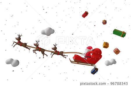 Santa Claus rides reindeer sleigh with house, gift box, snow, christmas tree isolated. website or poster or Happiness cards, banner and festive New Year, 3d illustration, 3d render 96788343