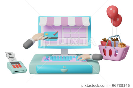 cash register machine with pos terminal, electronic bill payment, invoice or paper check receipt, businessman hand, shopping basket, gift box isolated. 3d illustration or 3d render cash register machine with pos terminal, electronic bill payment, invoice or paper check receipt, businessman hand, shopping basket, gift box isolated. 3d illustration or 3d render 96788346