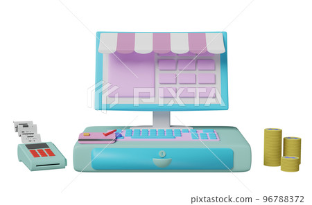 cash register machine with pos terminal, electronic bill payment, invoice or paper check receipt isolated. 3d illustration or 3d render cash register machine with pos terminal, electronic bill payment, invoice or paper check receipt isolated. 3d illustration or 3d render 96788372
