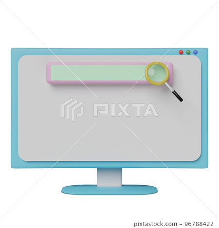 computer monitor with blank search bar, magnifying glass isolated. minimal web search engine or web browsing concept, 3d illustration or 3d render computer monitor with blank search bar, magnifying glass isolated. minimal web search engine or web browsing concept, 3d illustration or 3d render 96788422