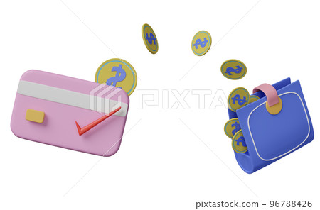 wallet and credit card with coins saving money concept isolated. 3d illustration or 3d render 96788426