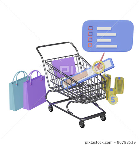 shopping cart and bar searching with shopping paper bags, graphic elements, magnifying glass, dollar coins isolated. 3d illustration or 3d render 96788539