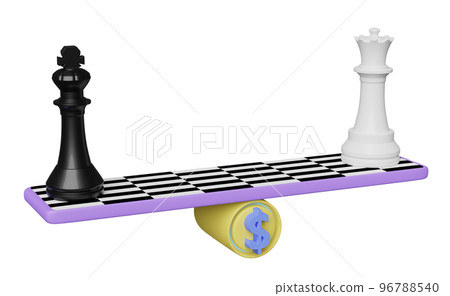 white and black chess with seesaw, coins isolated. balance of power or Business Strategy concept, 3d illustration or 3d render 96788540