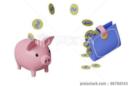 wallet and piggy bank with coins saving money concept isolated. 3d illustration or 3d render wallet and piggy bank with coins saving money concept isolated. 3d illustration or 3d render 96788543