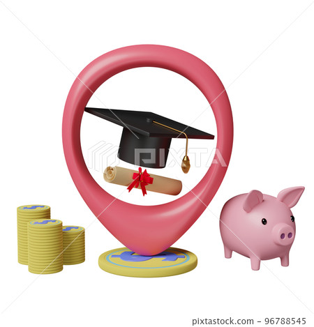 pin with hat graduation, money coins, diploma rolled, piggy bank saving isolated. investment education or scholarships concept, 3d illustration or 3d render pin with hat graduation, money coins, diploma rolled, piggy bank saving isolated. investment education or scholarships concept, 3d illustration or 3d render 96788545