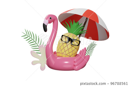 Inflatable flamingo with beach umbrella and pineapple, sunglasses isolated. summer travel concept, 3d illustration, 3d render 96788561