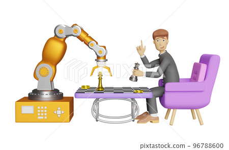 cartoon character businessman hand pointing and robot arm playing chess isolated. Business Strategy with digital marketing plan concept, 3d illustration or 3d render 96788600