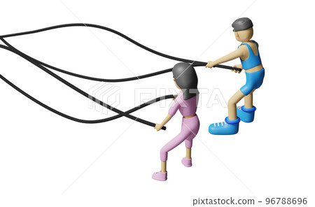 cartoon character fitness people with battle ropes exercise in gym. exercise for health Concept, 3d illustration or 3d render 96788696