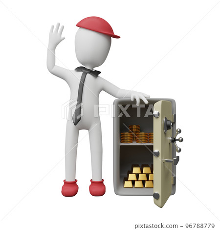 Stick man with open safe box full of coins stack and gold bar, Ingot isolated. business banking concept, 3d illustration or 3d render Stick man with open safe box full of coins stack and gold bar, Ingot isolated. business banking concept, 3d illustration or 3d render 96788779