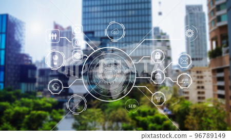 Smart city data Management Platform with virtual interface graphic icons concept.. Smart city data Management Platform with virtual interface graphic icons concept.. 96789149