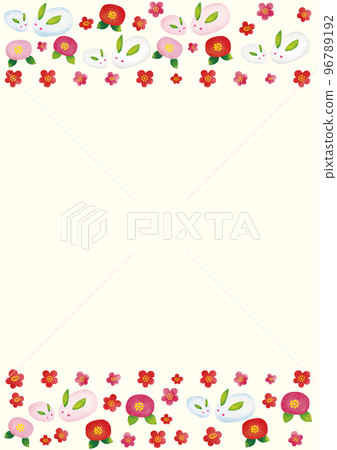 Watercolor style snow rabbit, plum blossom and camellia frame 96789192