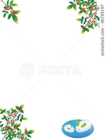 水彩風格雪兔和南天框架垂直 96789197