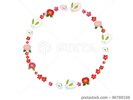 水彩風格雪兔、南方天空、梅花和山茶花圓框 96789198