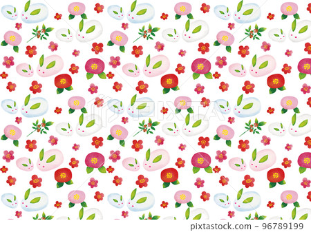 水彩風格雪兔、南天、梅花和山茶花圖案 96789199