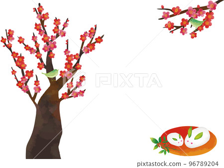 Watercolor-style snow rabbit, southern sky, plum blossoms and uguisu frame Watercolor-style snow rabbit, southern sky, plum blossoms and uguisu frame 96789204