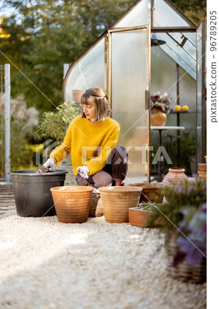 Woman planting flowers in jugs at garden Woman planting flowers in jugs at garden 96789205