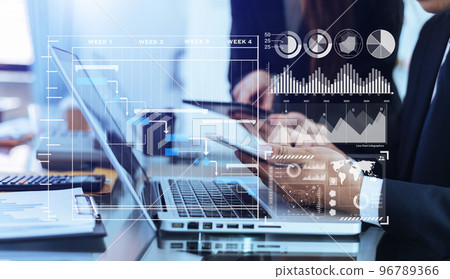 Project manager working and update tasks with milestones progress planning and Gantt chart scheduling diagram.business tram working at office 96789366