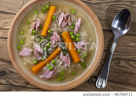 smoked meat soup with vegetables and rice smoked meat soup with vegetables and rice 96789711