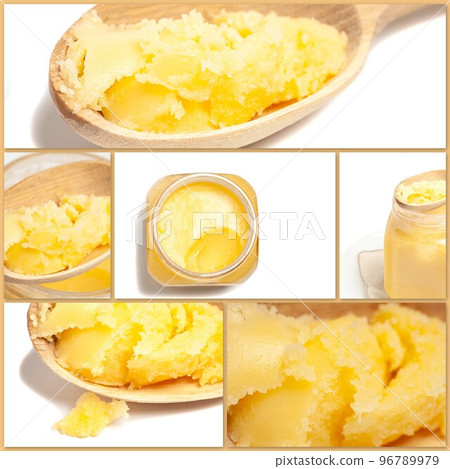 Collage with Ghee in jar and wooden spoon isolated on white background Collage with Ghee in jar and wooden spoon isolated on white background 96789979