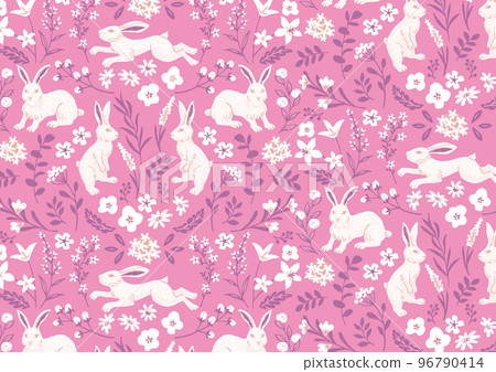 Hand-drawn white rabbit botanical pattern pink Hand-drawn white rabbit botanical pattern pink 96790414