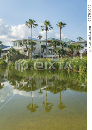 Destin, Florida- Lakefront water with a reflection of tall grasses and palm trees near the houses 96791042