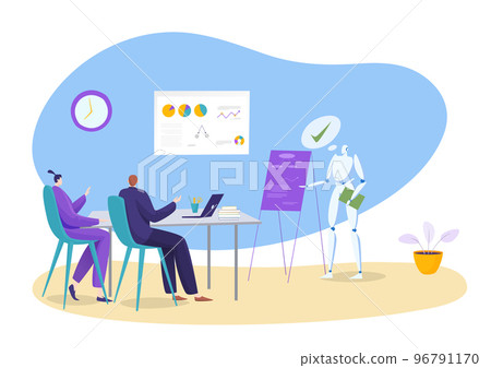 Technology business solution competition robot artificial intelligence versus businessman worker flat vector illustration, isolated on white. Technology business solution competition robot artificial intelligence versus businessman worker flat vector illustration, isolated on white. 96791170