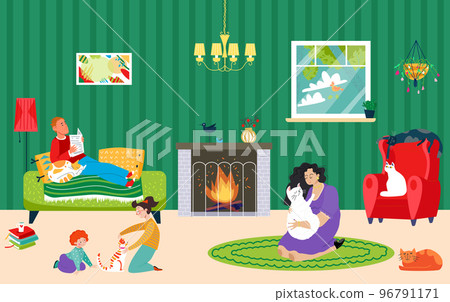 Friendly lovely people family character together love home pet cat, cozy comfortable room flat vector illustration, smiling human. Friendly lovely people family character together love home pet cat, cozy comfortable room flat vector illustration, smiling human. 96791171