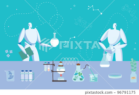 Modern technology device artificial intelligence medical robot hold flask, manufacture medicinal product flat vector illustration. 96791175