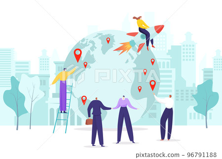 Global business startup project, tiny woman launch ride on rocket, teamwork colleague work flat vector illustration, isolated on white. 96791188