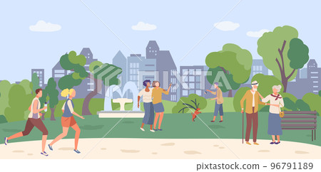 Modern young people citizen city spend time garden city, old people character stroll square flat vector illustration, urbanscape park. 96791189