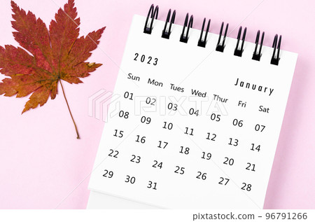 The January 2023 desk calendar for 2023 year with autumn maple leaf on pink color background. The January 2023 desk calendar for 2023 year with autumn maple leaf on pink color background. 96791266