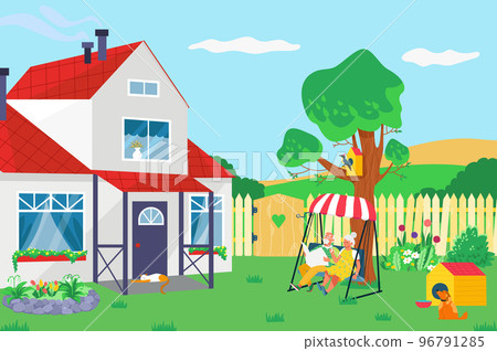 Elderly couple relax outdoor country house, lovely romantic grandma and grandpa rest in garden flat vector illustration, cozy old age. Elderly couple relax outdoor country house, lovely romantic grandma and grandpa rest in garden flat vector illustration, cozy old age. 96791285