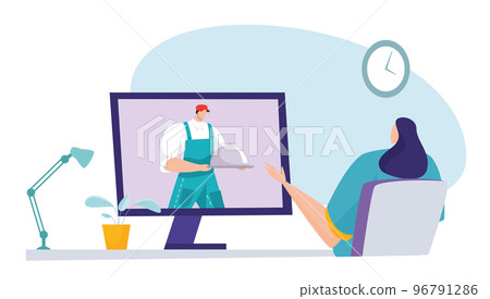 Online delivery delicious food, tiny character postman foodstuff platter, internet laptop order meal flat vector illustration, isolated on white. Online delivery delicious food, tiny character postman foodstuff platter, internet laptop order meal flat vector illustration, isolated on white. 96791286