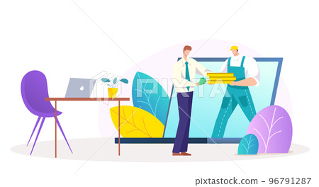 Online delivery business service, tiny character postman hold document box, mailman walk laptop flat vector illustration, isolated on white. Online delivery business service, tiny character postman hold document box, mailman walk laptop flat vector illustration, isolated on white. 96791287